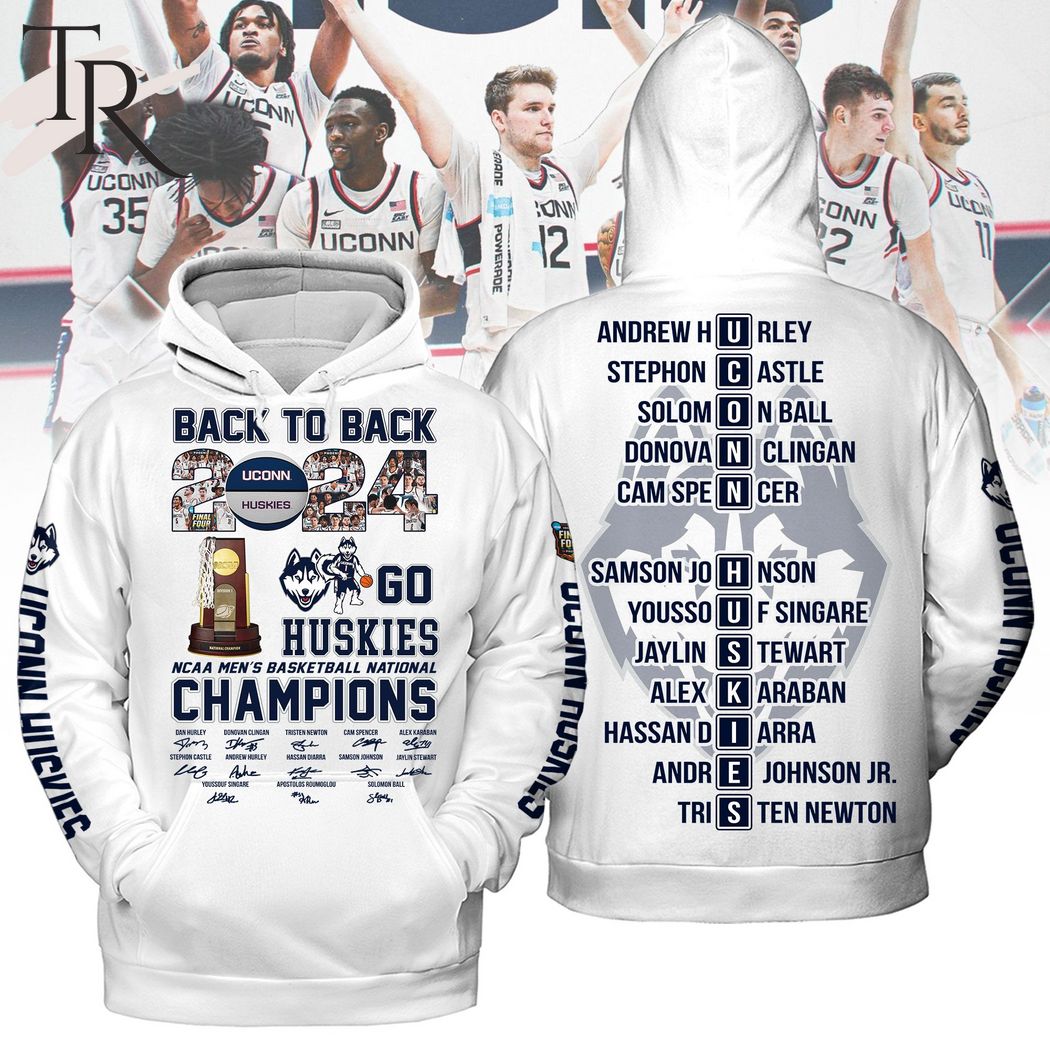 Back To Back 2024 NCAA Men's Basketball National Champions Uconn Huskies Hoodie - White