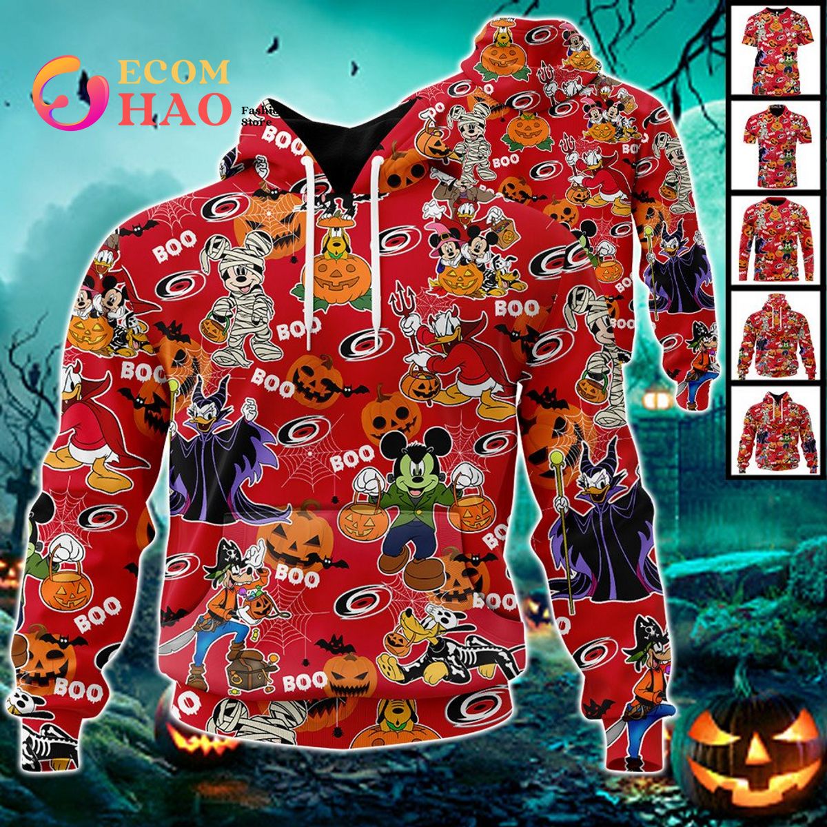 NHL Carolina Hurricanes Halloween Jersey Mickey with Friends 3D Hoodie