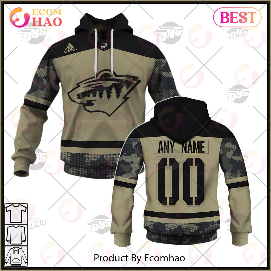 NHL Minnesota Wild Camo Military Appreciation Team Authentic Custom Practice Jersey 3D Hoodie