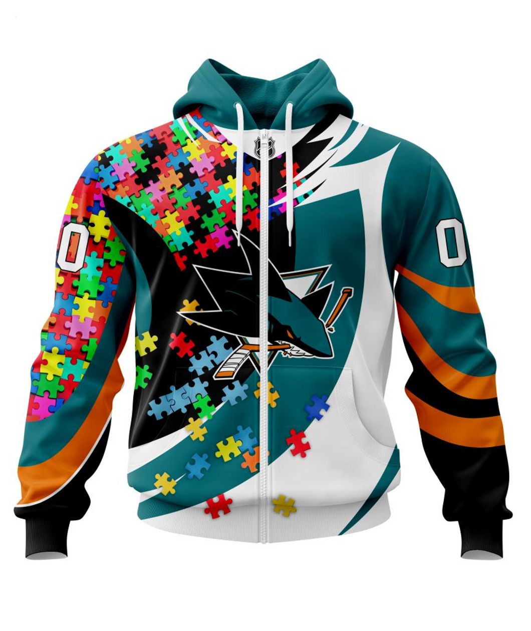 NHL San Jose Sharks Autism Awareness Personalized Name & Number 3D Hoodie