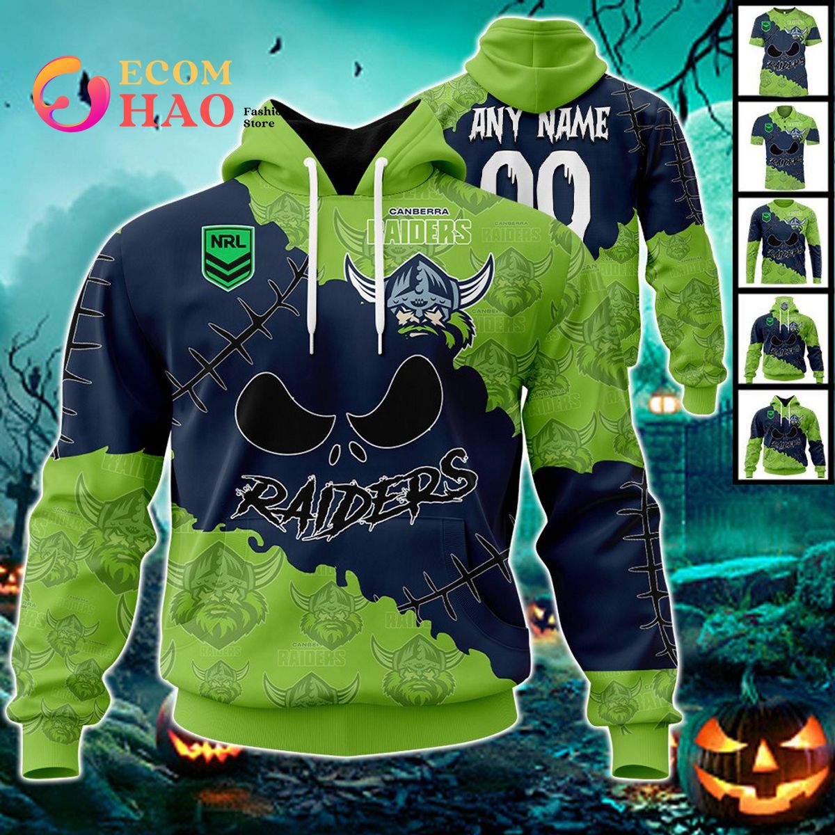NRL Canberra Raiders Custom Your Name & Number Halloween Style 3D Hoodie