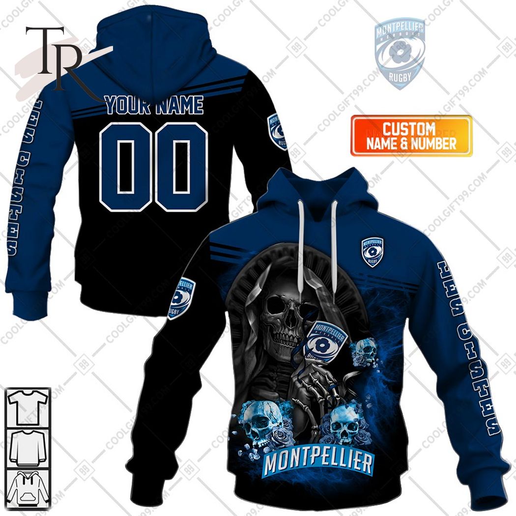  Personalized Montpellier Herault Rugby Skull Death Design Hoodie