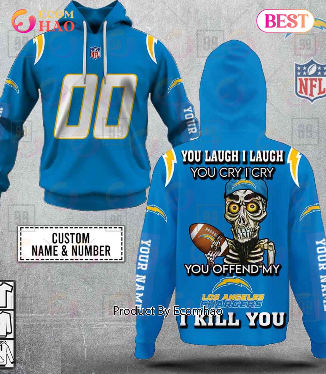 Personalized NFL Los Angeles Chargers You Laugh I Laugh Jersey 3D Hoodie