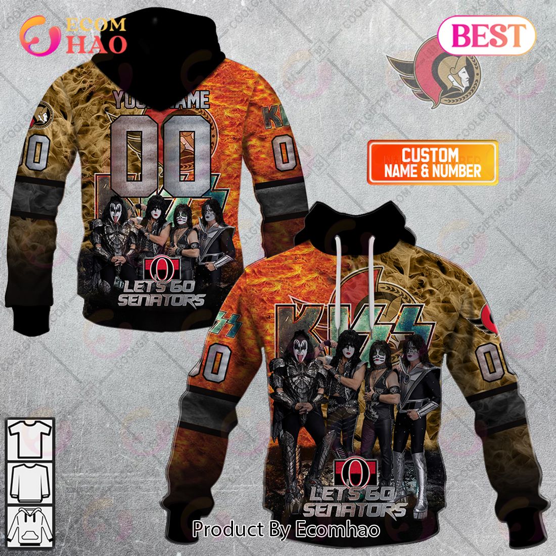 Personalized NHL Ottawa Senators Special Design With Kiss Band Hoodie All Over Print