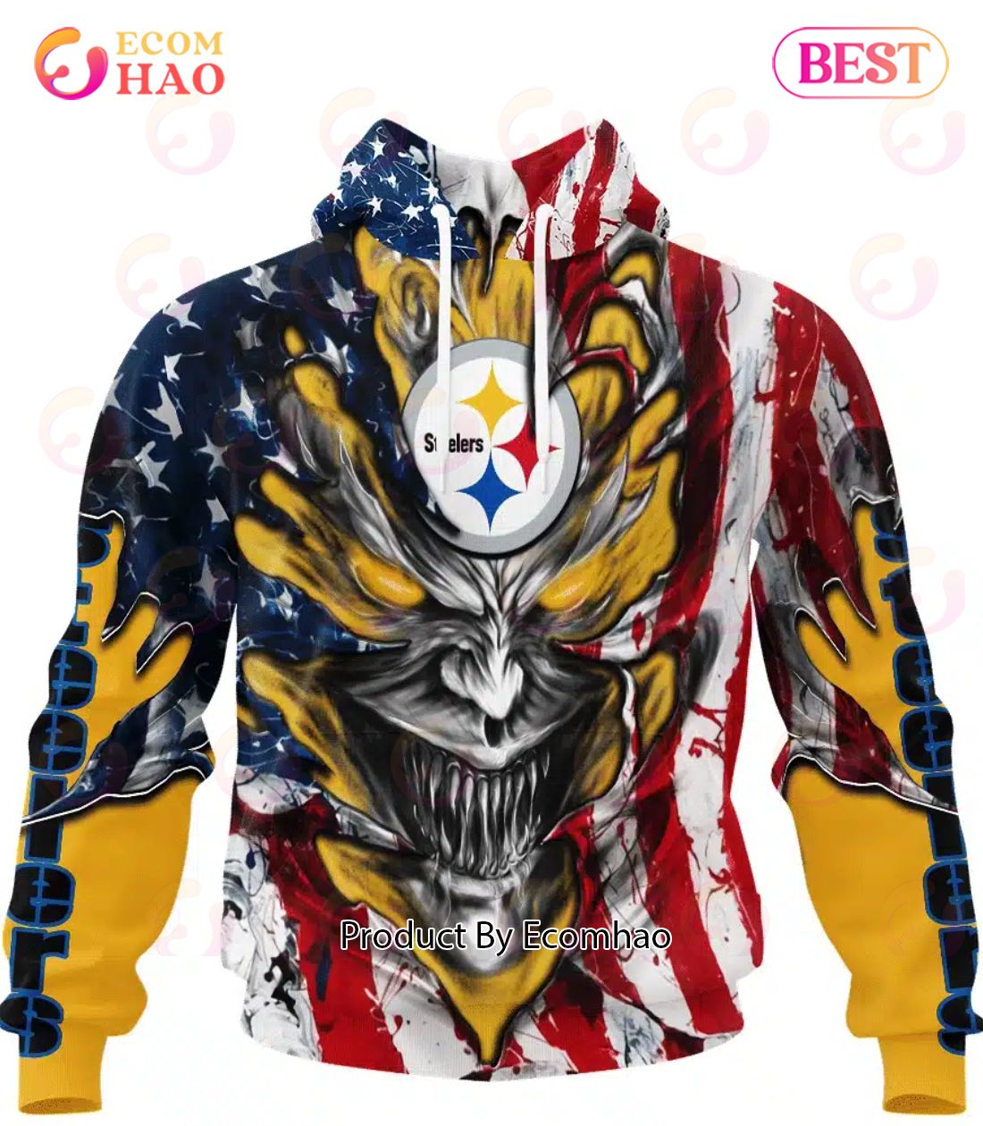 Pittsburgh Steelers Demon Face American Flag 3D Unisex Hoodie