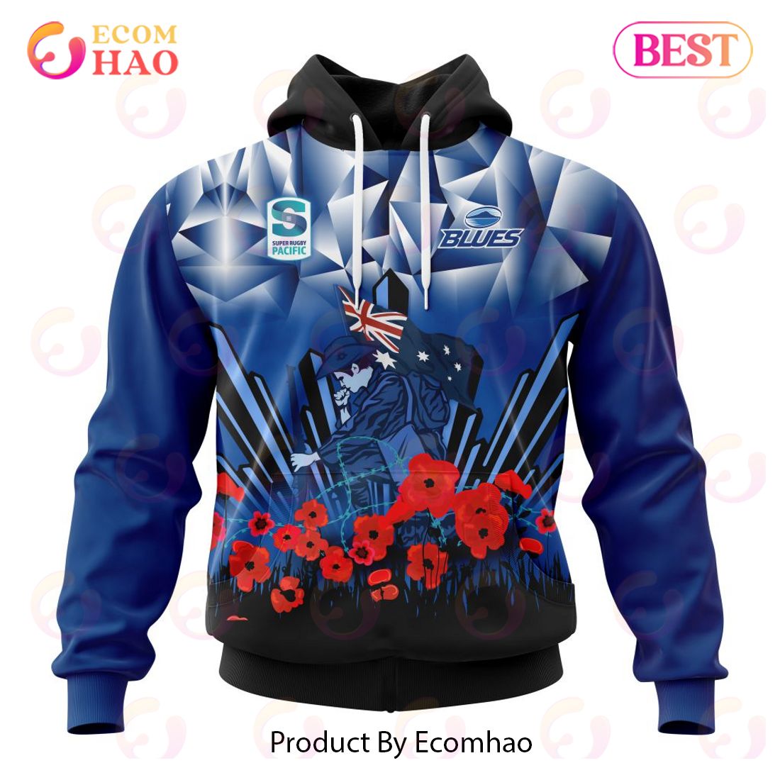 Super Rugby Auckland Blues Specialized 2022 Anzac Jersey Concepts 3D Hoodie