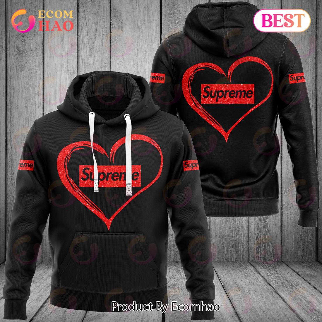 Supreme Red Heart Black Luxury Brand Premium Hoodie For Men Women