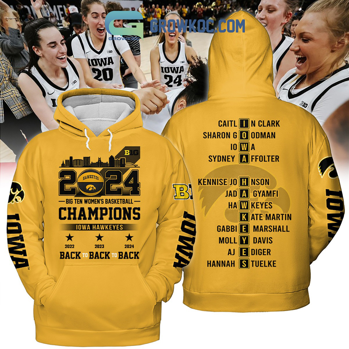 2024 Iowa Hawkeyes Big Ten Champions Back To Back Hoodie Shirts Yellow Design