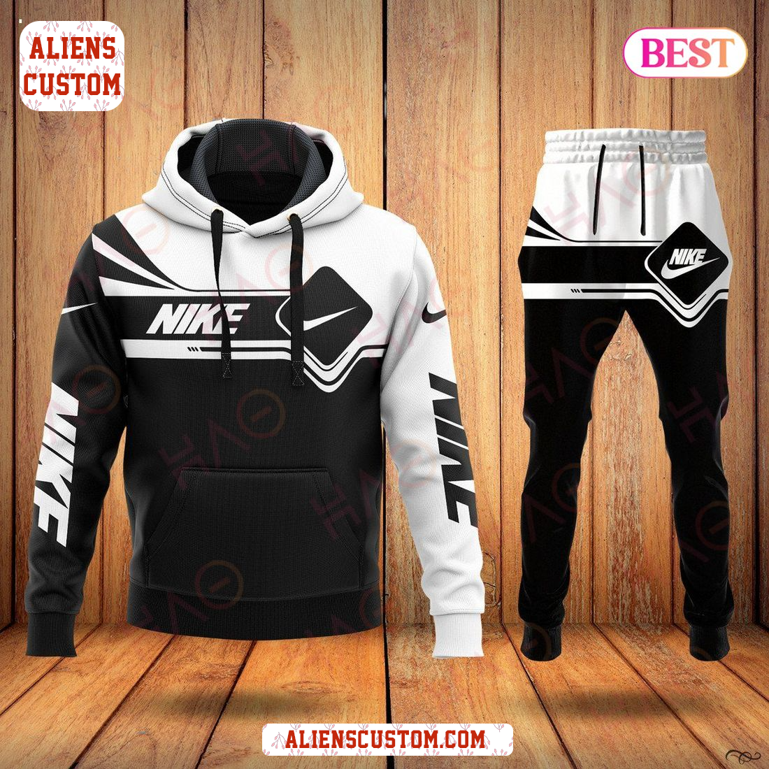 Alienscustom - BEST Nike Black Mix White Luxury Brand Hoodie And Pants