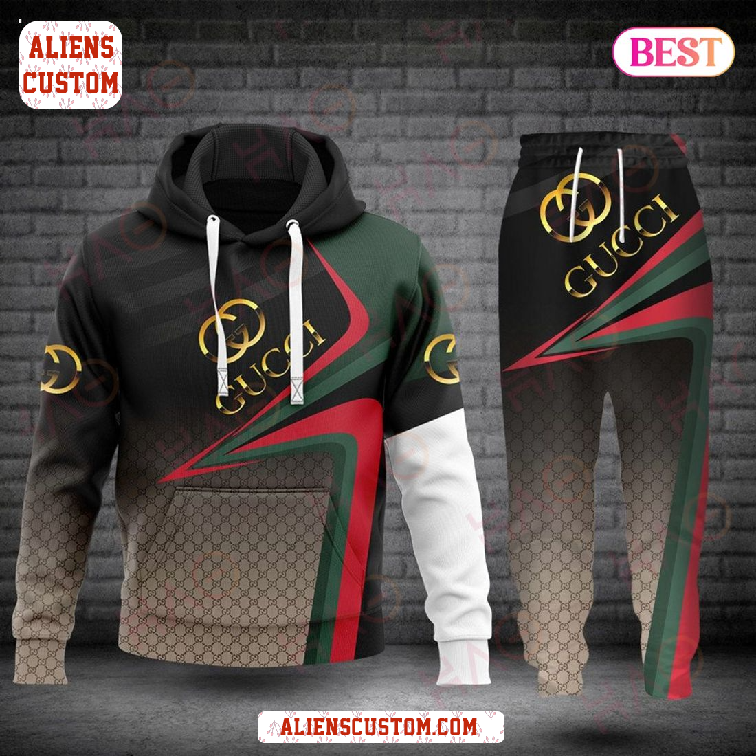 Alienscustom - Gucci Black Mix Color Luxury Brand Hoodie And Pants POD Design