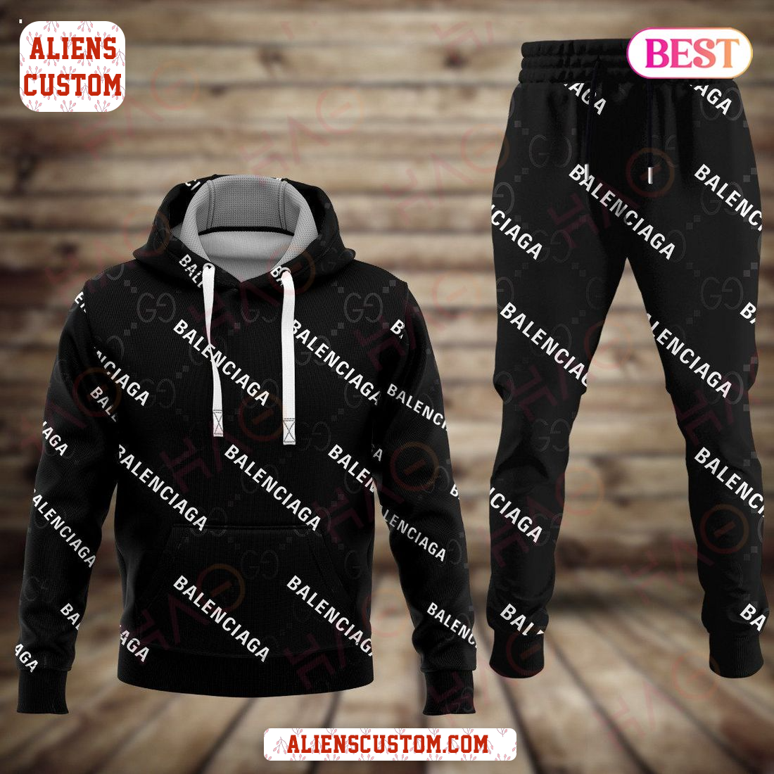Alienscustom - Gucci Black Mix Printing Balenciaga Luxury Brand Hoodie And Pants POD Design