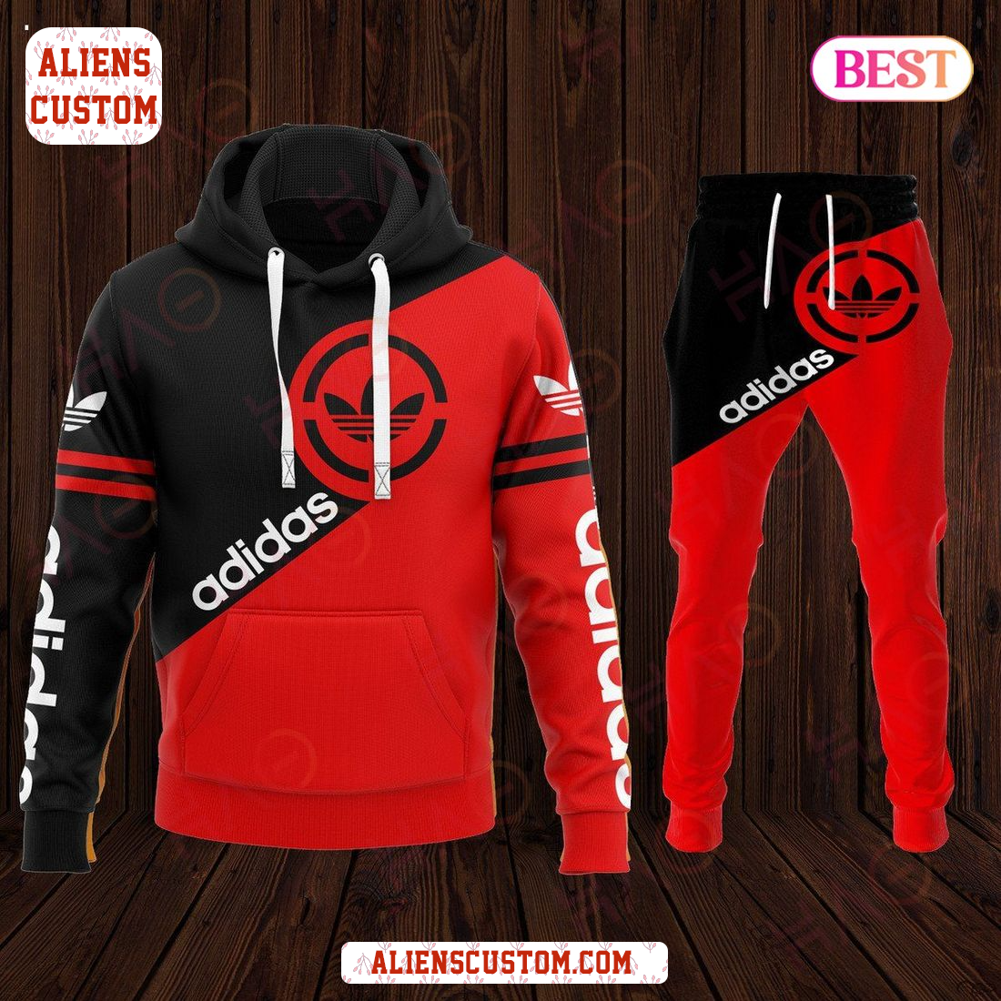 Alienscustom - HOT Adidas Black Mix Red Luxury Brand Hoodie And Pants POD Design