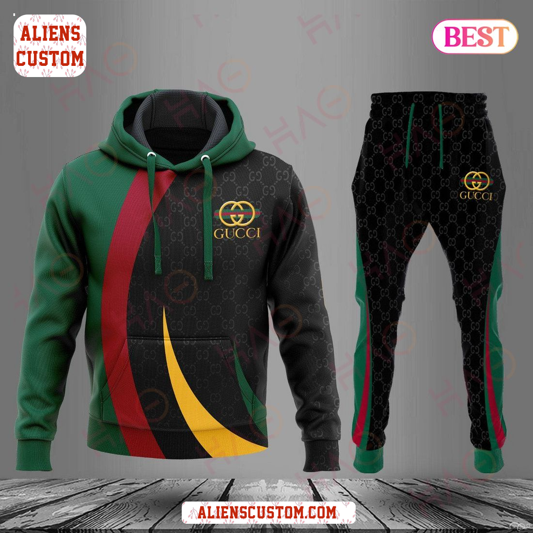 Alienscustom - HOT Gucci Black Red Green Luxury Brand Hoodie And Pants POD Design
