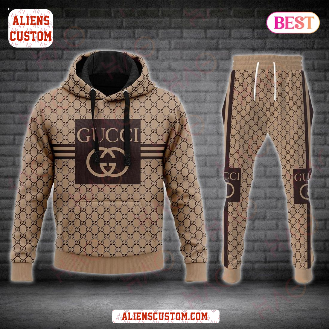 Alienscustom - HOT Gucci Brown Color Luxury Brand Hoodie And Pants POD Design