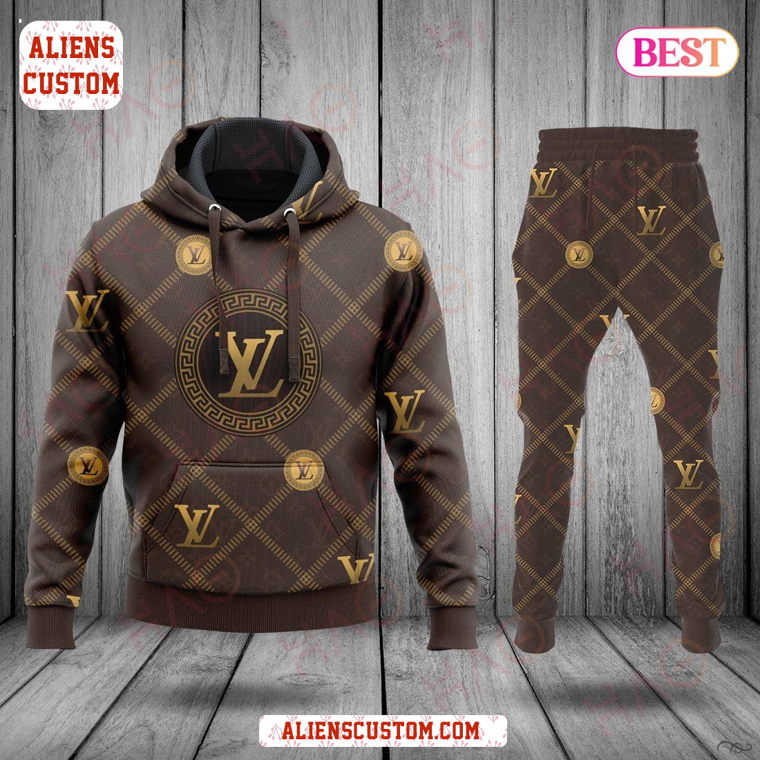 Alienscustom - HOT Louis Vuitton Brown Saquare Pattern Luxury Brand Hoodie And Pants