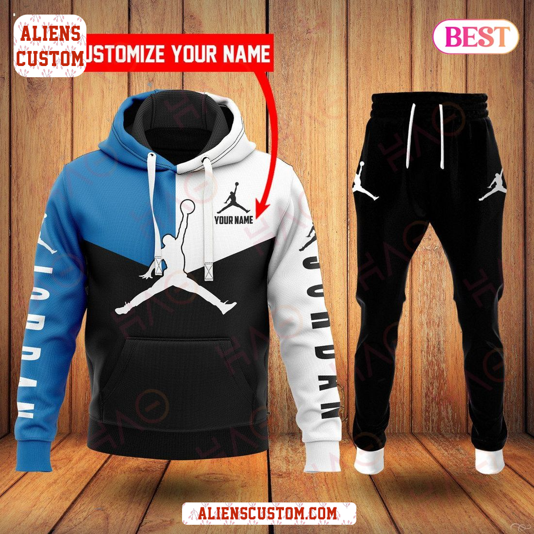 Alienscustom - Jordan Black White Blue Luxury Brand Hoodie And Pants POD Design