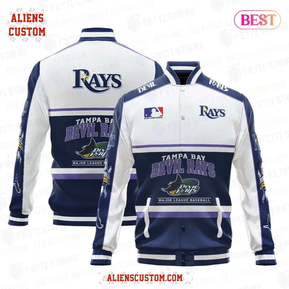 Alienscustom - LIMITED Tampa Bay Ray Baseball White And Dark Blue Pattern Varsity Jacket