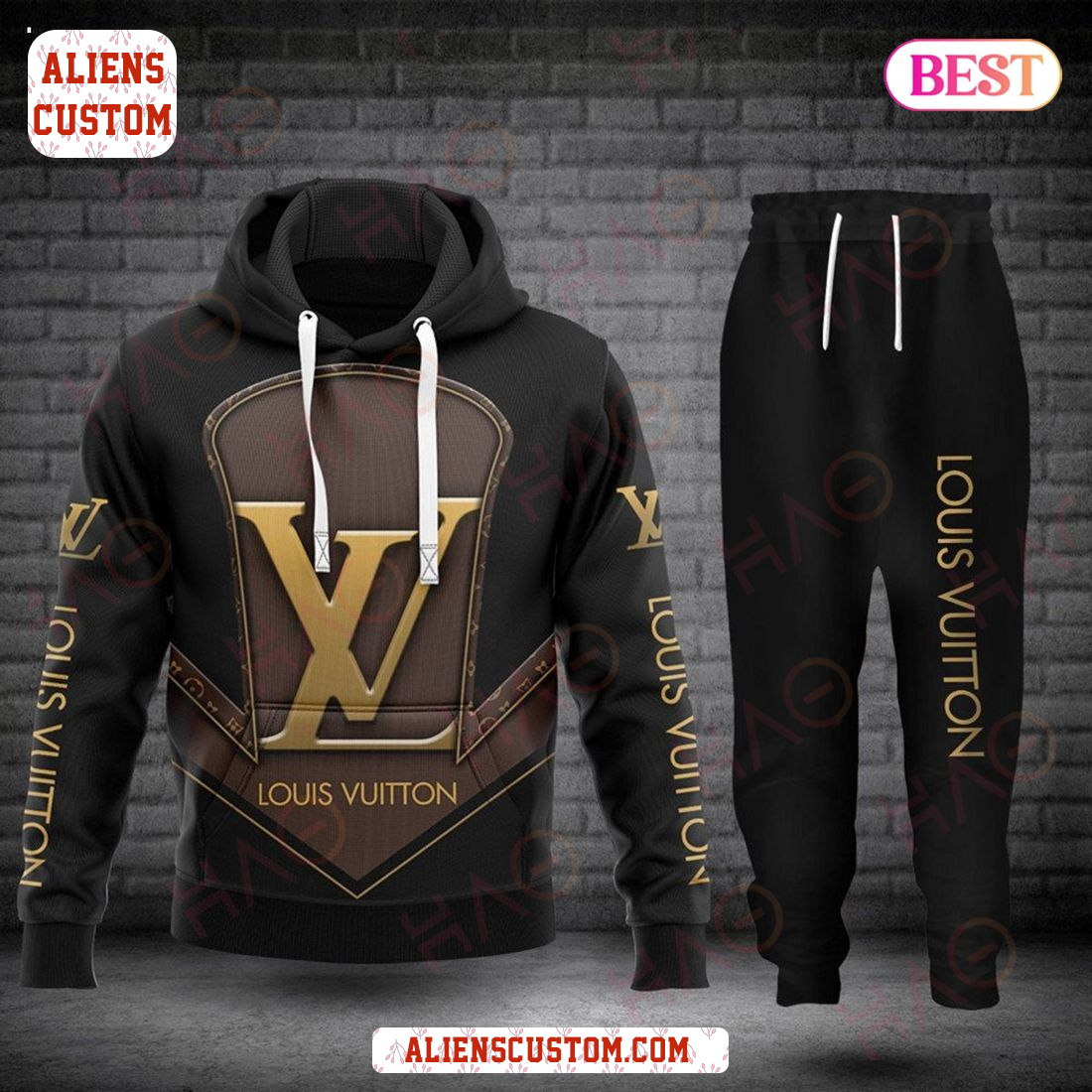Alienscustom - Louis Vuitton Black Mix Big Logo Luxury Brand Hoodie And Pants