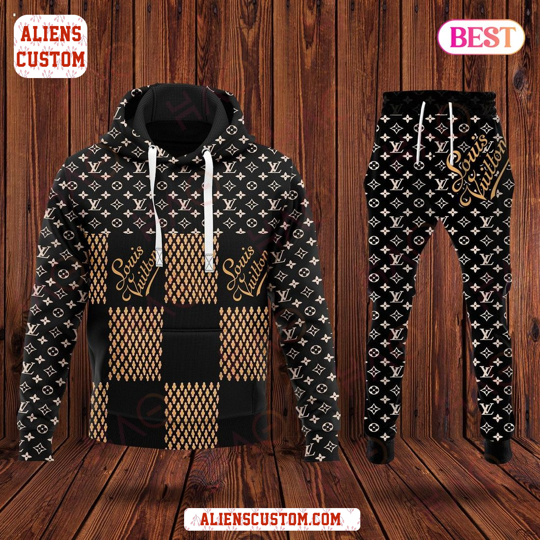 Alienscustom - Louis Vuitton Black Mix Gold Luxury Brand Hoodie And Pants