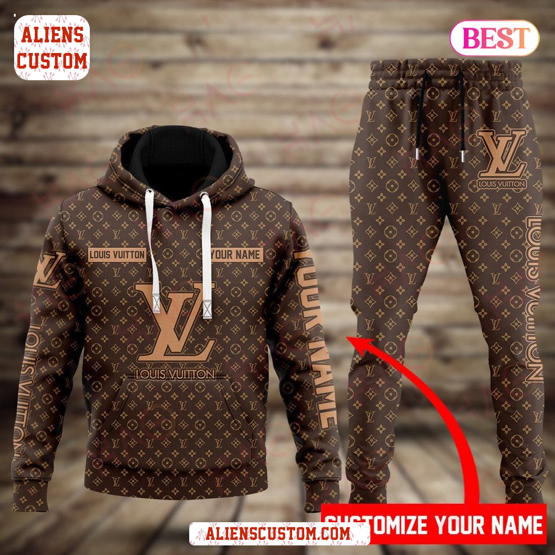 Alienscustom - Louis Vuitton Brown Mix Printing Logo Luxury Brand Hoodie And Pants POD Design