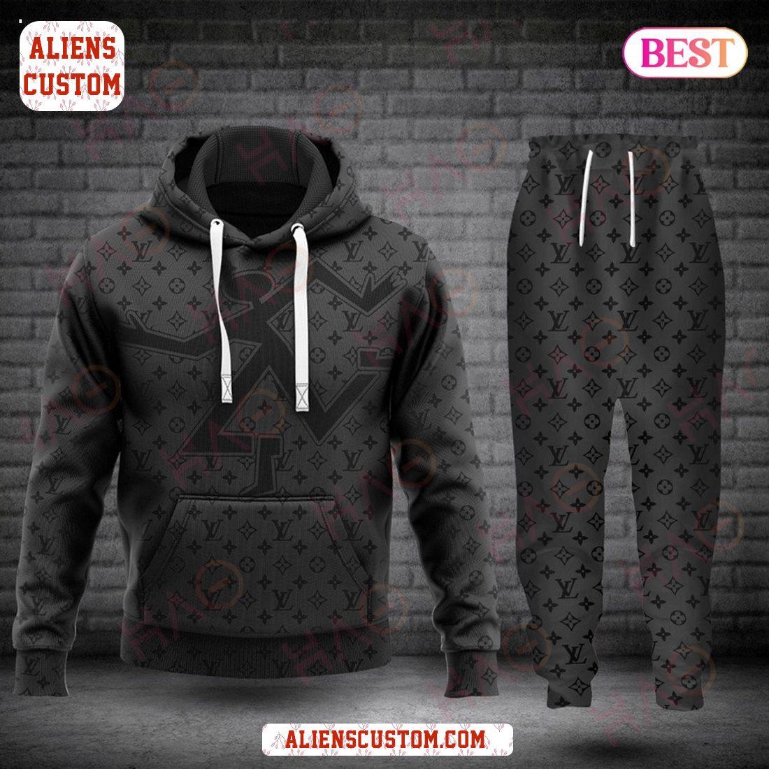 Alienscustom - Louis Vuitton Full Black Color Luxury Brand Hoodie And Pants POD Design