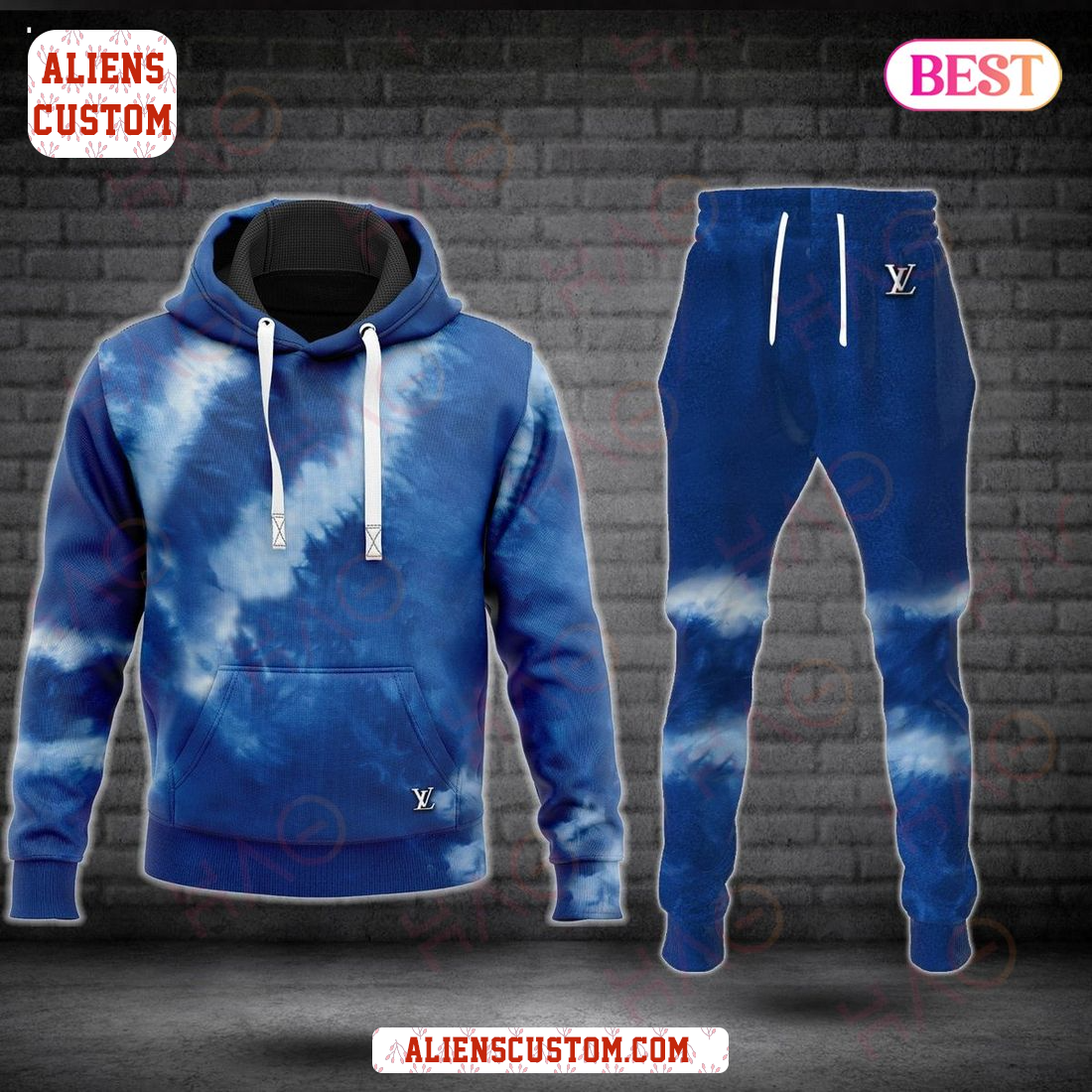Alienscustom - Louis Vuitton Tie Dye Blue Color Luxury Brand Hoodie And Pants POD Design