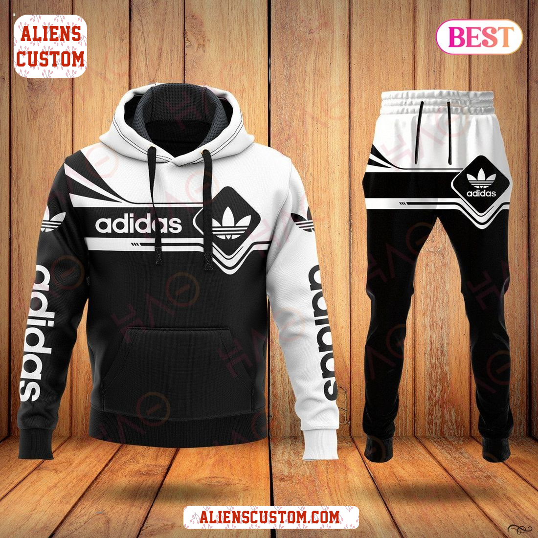 Alienscustom - NEW Adidas Black Mix White Luxury Brand Hoodie And Pants