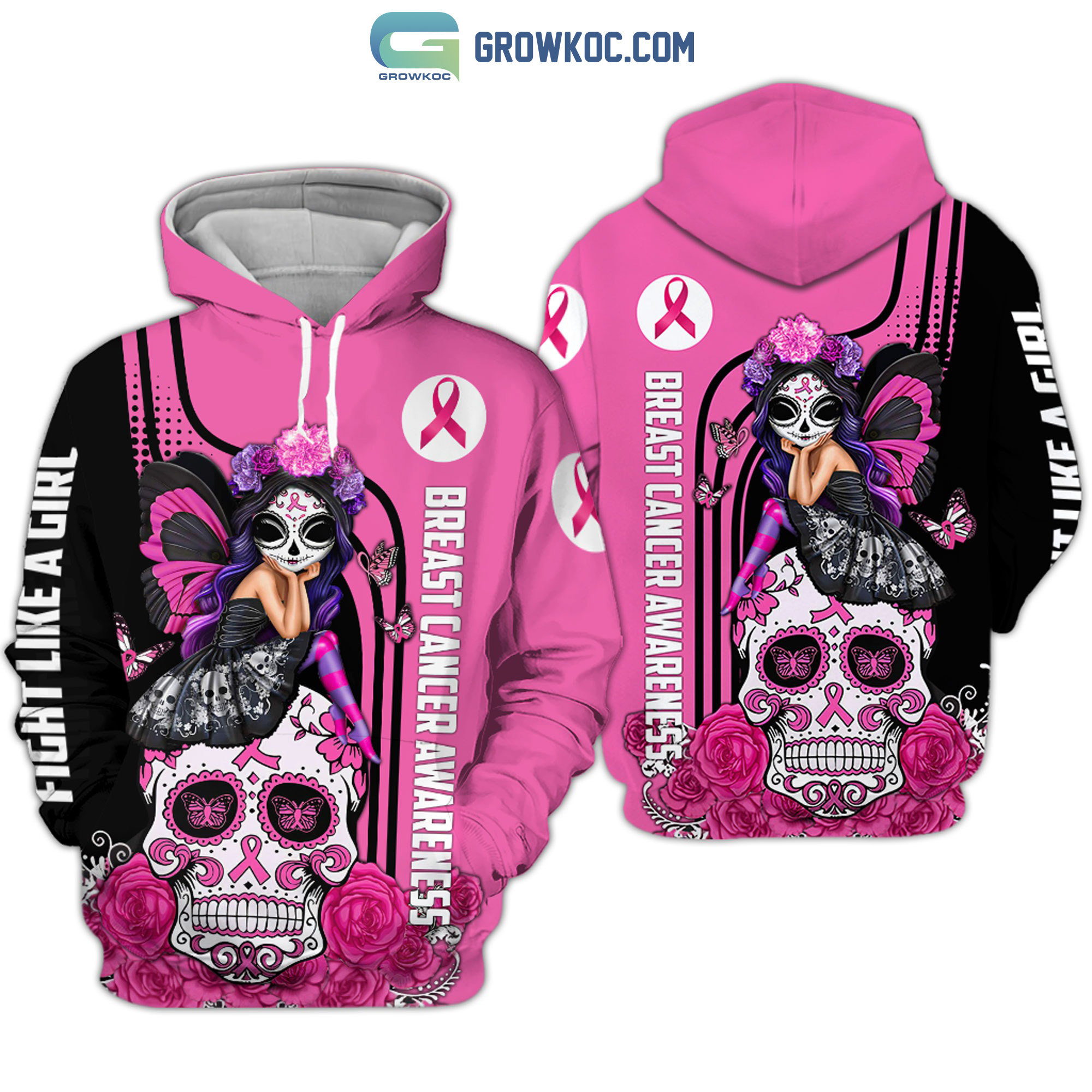 Breast Cancer Awareness Skull Butterfly Hoodie T Shirt