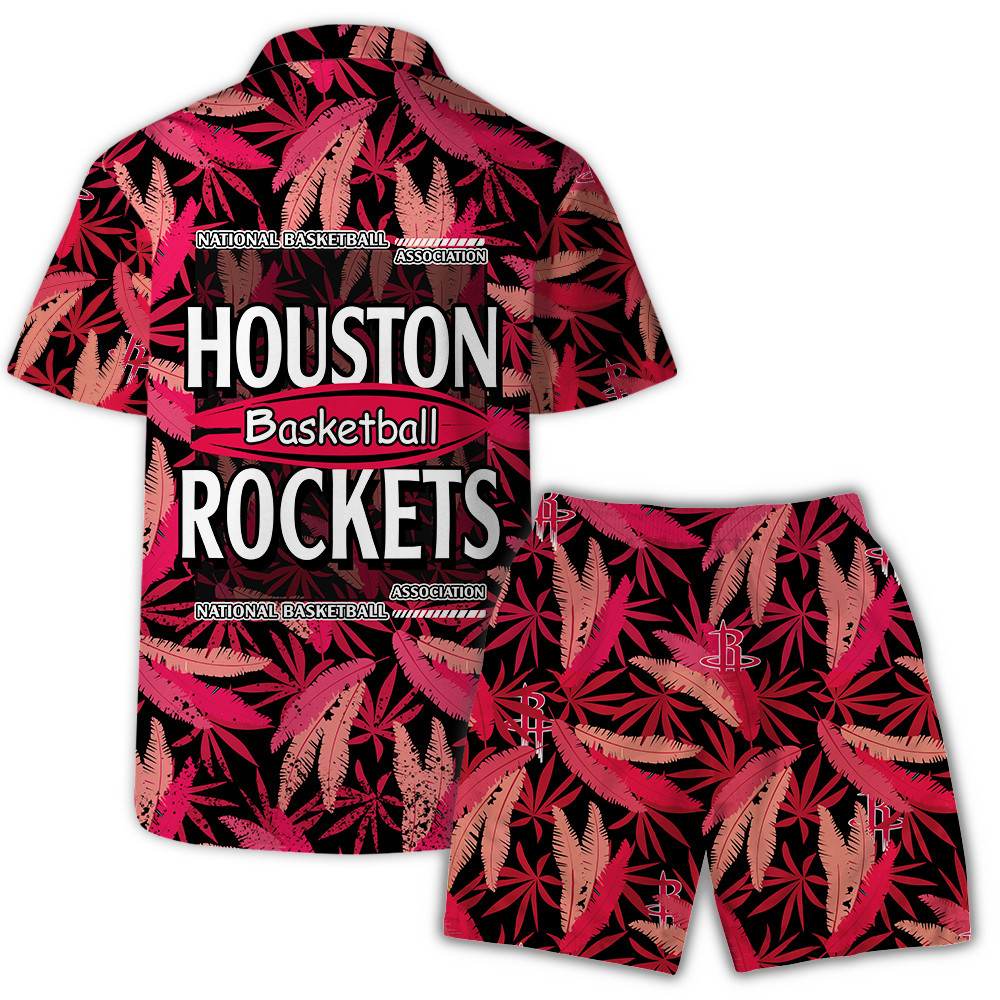 Houston Rockets Team Logo Pattern Leaves Vintage Art Hawaiian Set
