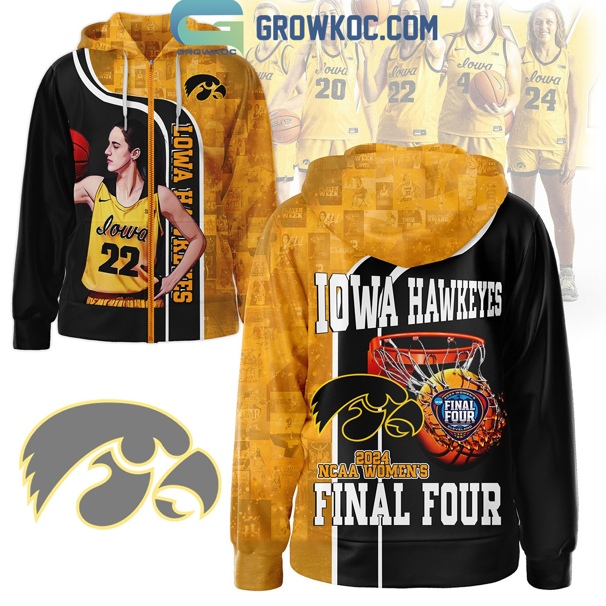 Iowa Hawkeyes 2024 NCAA Women's Final Four Black And Yellow Hoodie Shirts
