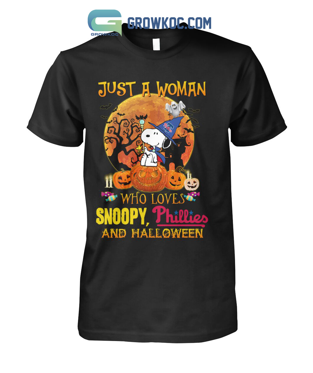 Just A Woman Who Loves Snoopy Phillies And Halloween T Shirt