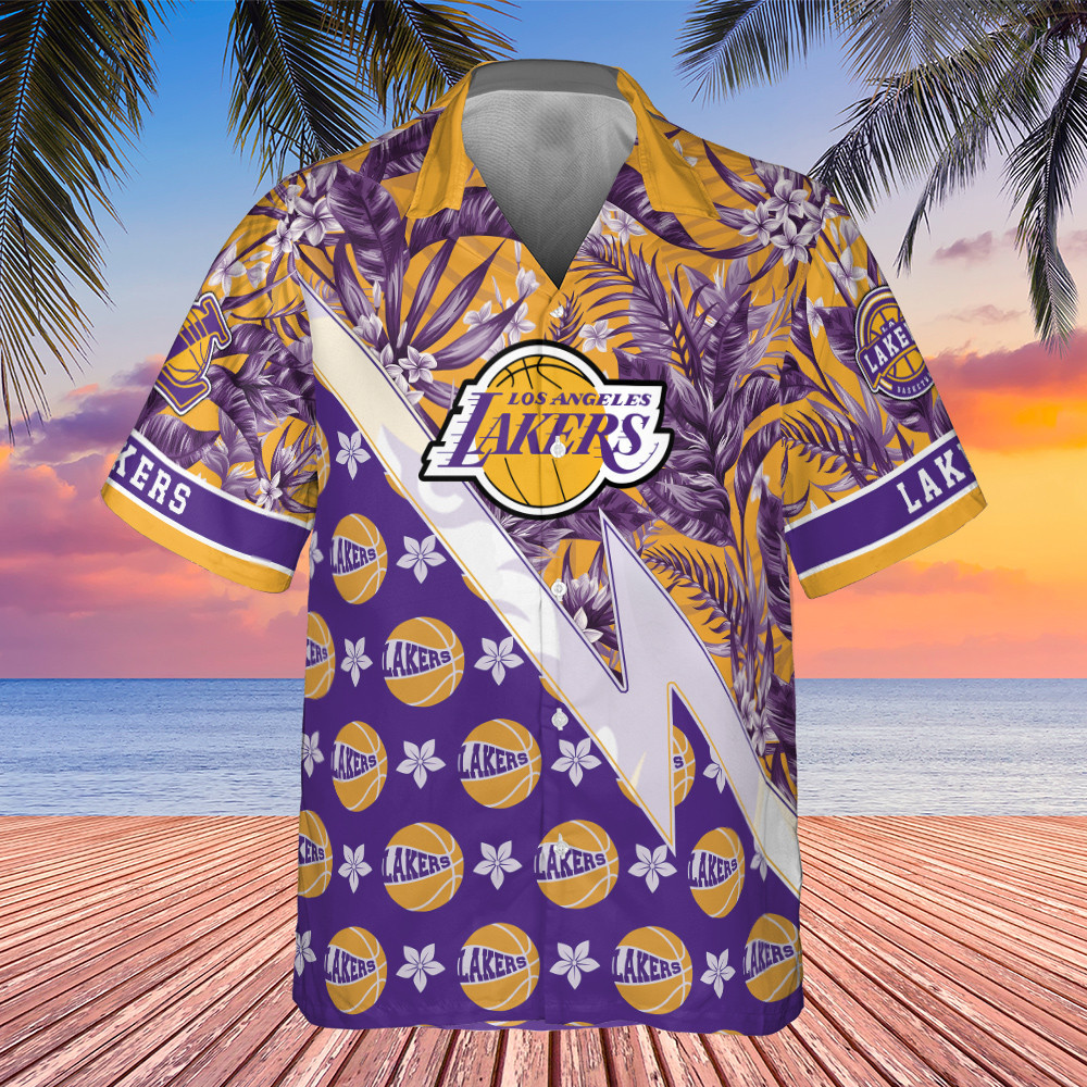 Los Angeles Lakers Tropical And Basketball Pattern Print Hawaiian Shirt