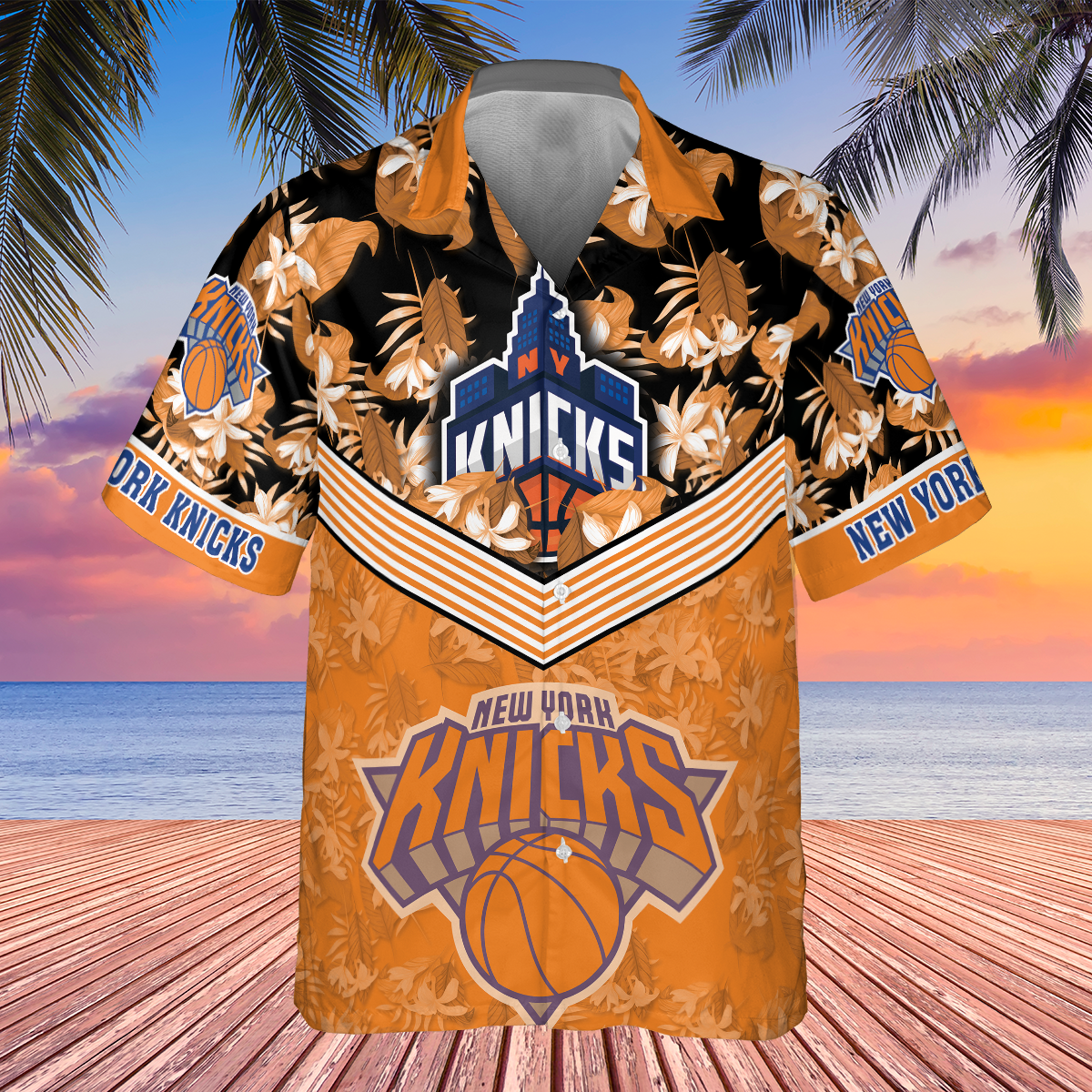 New York Knicks Orange Hibiscus Flower Print Hawaiian Shirt