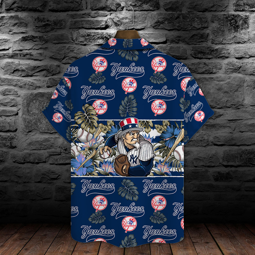 New York Yankees Mascot And Leaves Tropical Pattern Hawaiian Shirt
