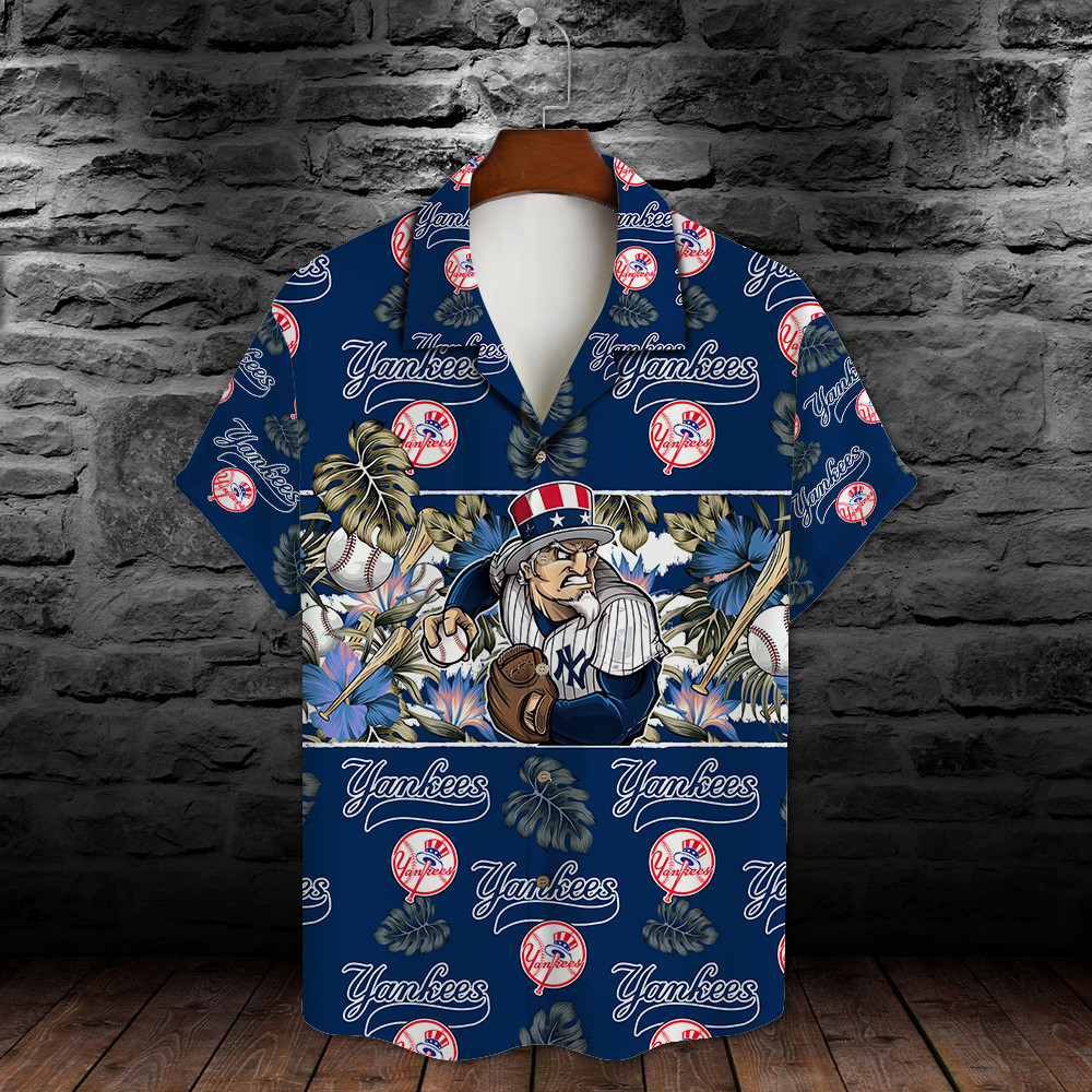 New York Yankees Mascot And Leaves Tropical Pattern Hawaiian Shirt