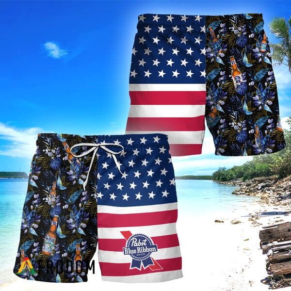 Pabst Blue Ribbon Flower American Flag Hawaiian Shorts PBR Swim Trunks