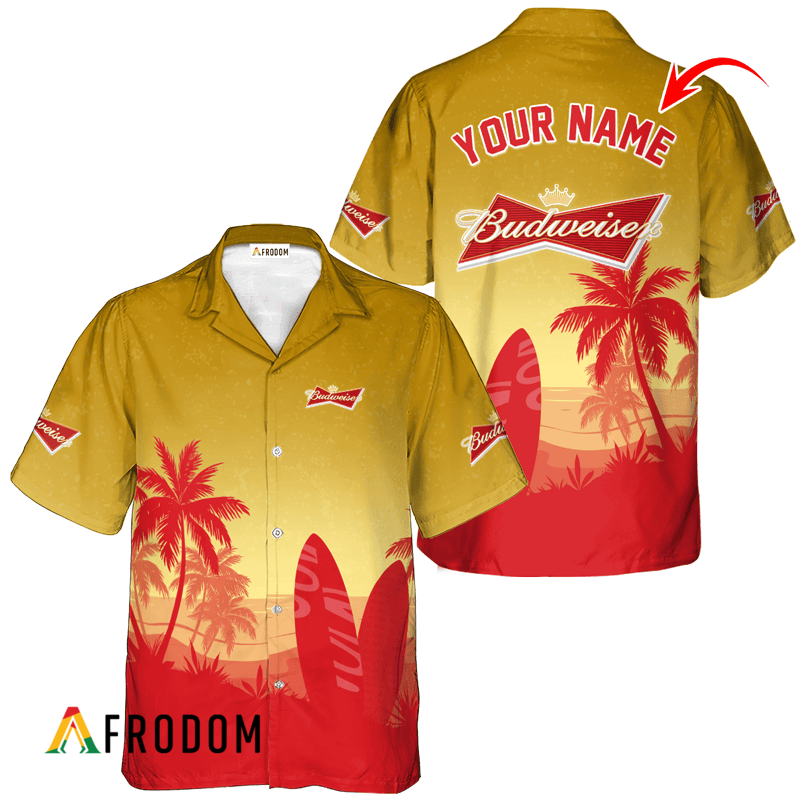 Personalized Budweiser Beer Palm Tree Surfboard Hawaiian Shirt