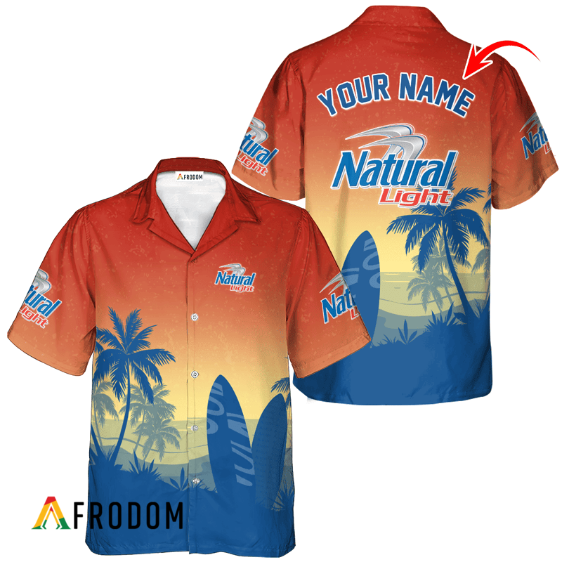 Personalized Natural Light Palm Tree Surfboard Hawaiian Shirt