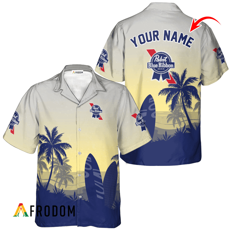 Personalized Pabst Blue Ribbon Palm Tree Surfboard Hawaiian Shirt