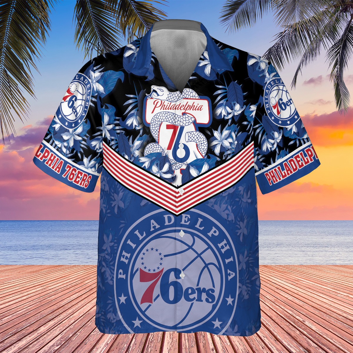 Philadelphia 76ers Blue Hibiscus Flower Black Background Print Hawaiian Shirt